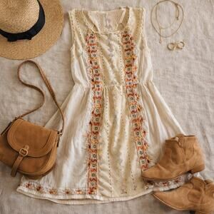 Free People Boho Embroidered Mini Dress Fit Flare Cream Festival Sz 0